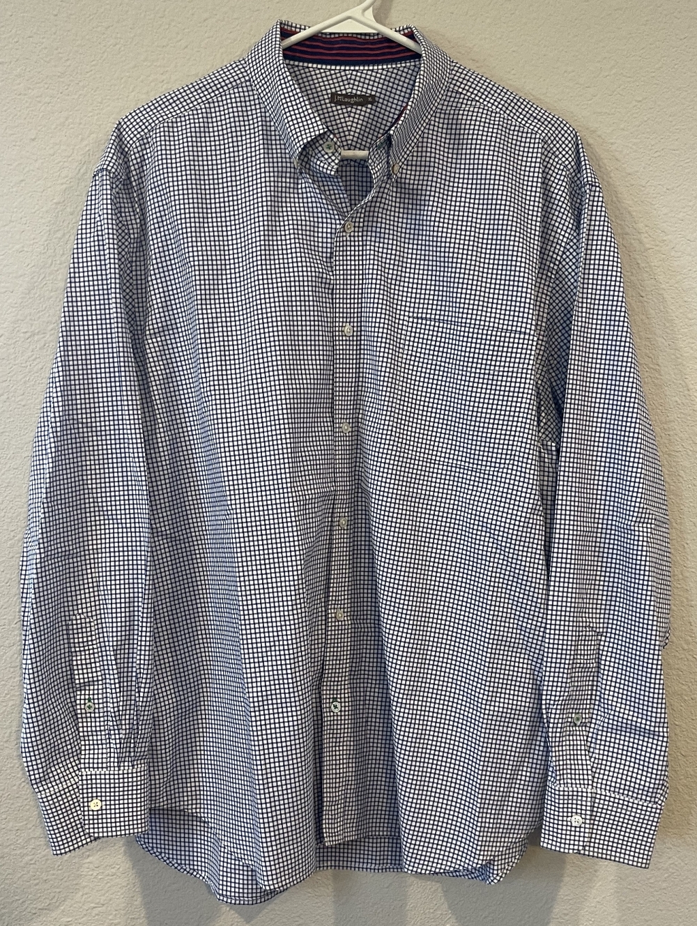 J. Mclaughlin Mens 100% Cotton Blue White Micro Gingham‎ Plaid Long Sleeve Shirt